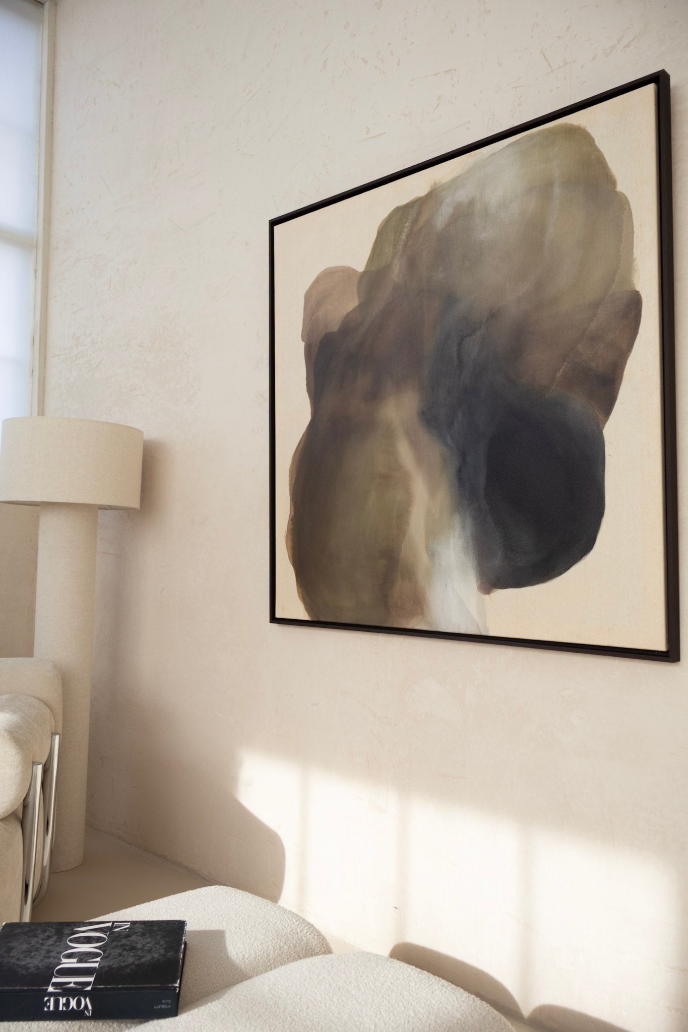 Light on Stone painting styled in a modern living room with natural light