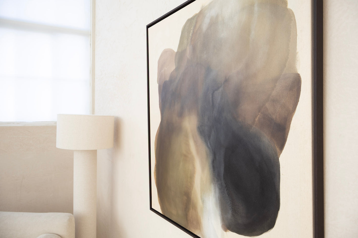 Light on Stone – original abstract painting by Studio Liv Olsen, earthy tones on raw canvas, framed in dark wood