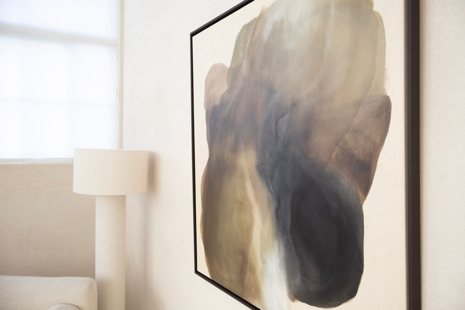 Light on Stone – original abstract painting by Studio Liv Olsen, earthy tones on raw canvas, framed in dark wood