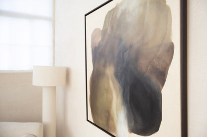 Light on Stone – original abstract painting by Studio Liv Olsen, earthy tones on raw canvas, framed in dark wood