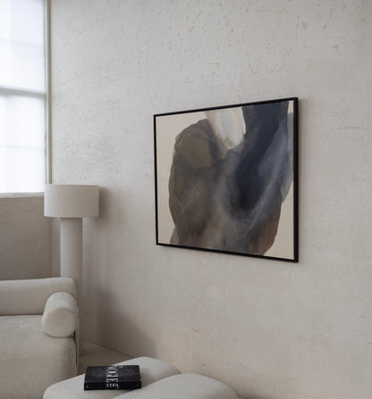 Large abstract painting in earthy tones and light contrasts, 100 × 120 cm, framed in dark wood, by artist Liv Olsen.