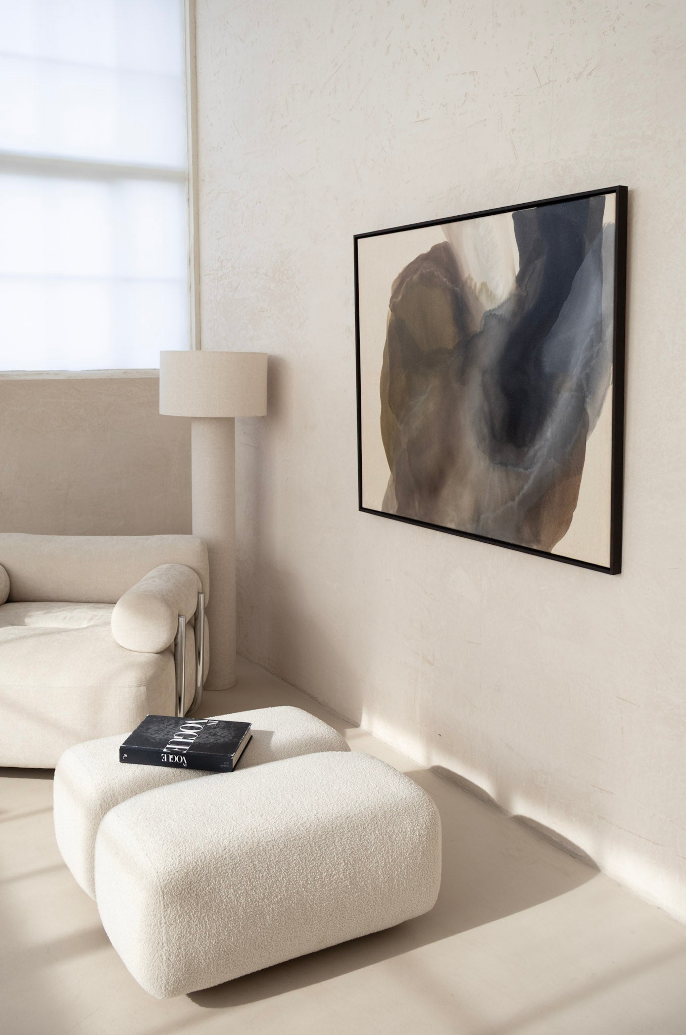 Abstract artwork “Light Between” from the Before the Light Touches series, 100 × 120 cm canvas, shown in modern interior.