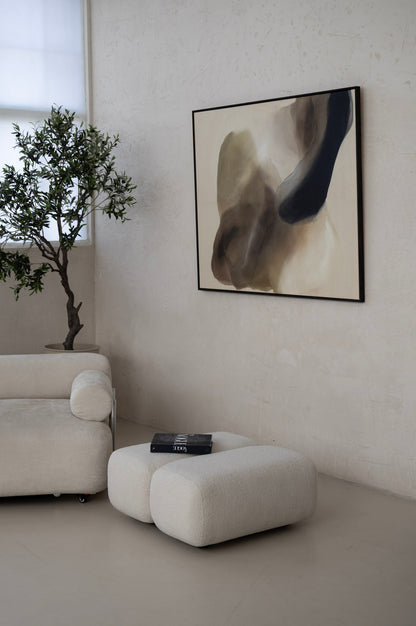 Large abstract artwork in earthy tones displayed above a sofa, 120 × 140 cm, framed in dark wood, Edge of Day by Liv Olsen.