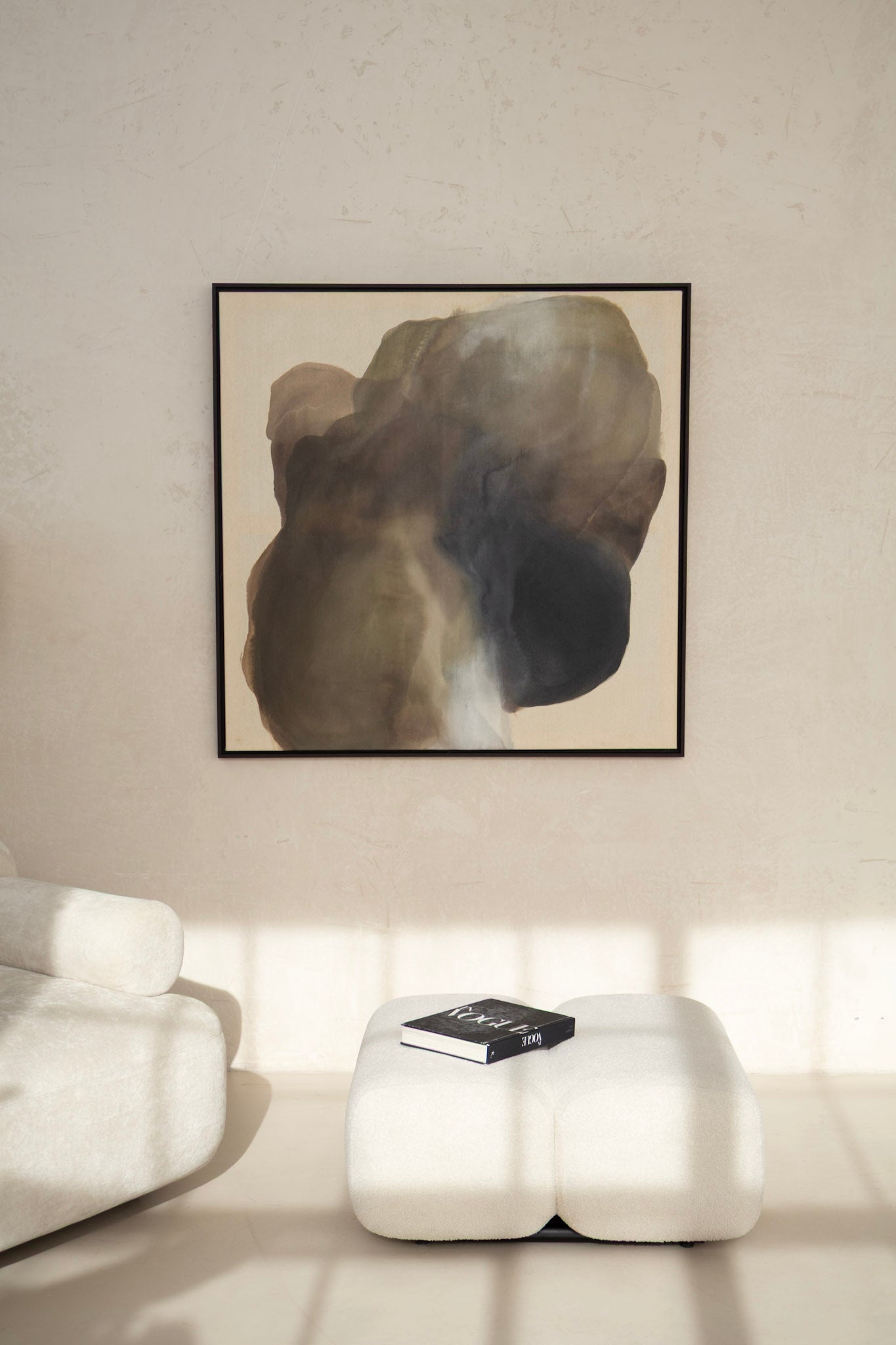 Light on Stone painting styled in a modern living room with natural light