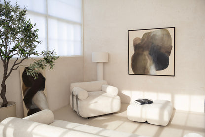 Detail of Light on Stone abstract painting – earth tones, textured raw canvas