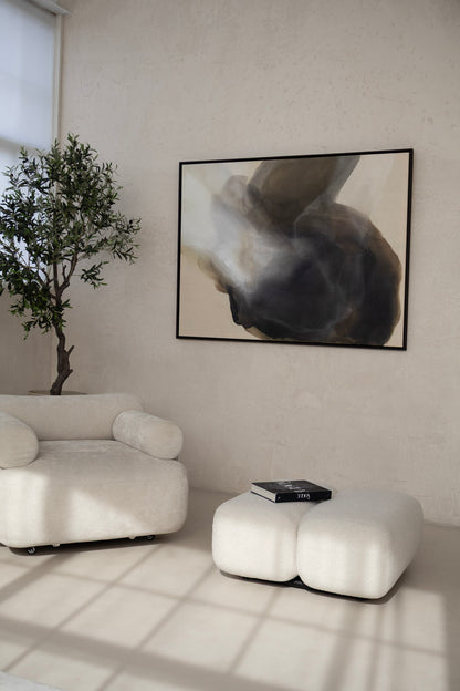 Large abstract painting “Becoming” in earthy tones displayed in a modern interior, 160 × 120 cm, framed in dark wood, Studio Liv Olsen.