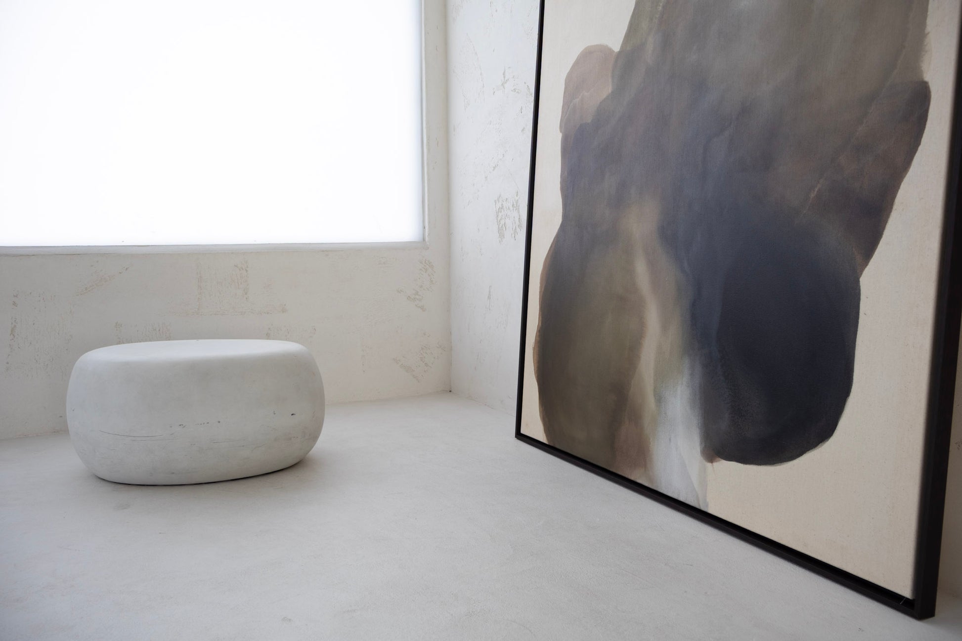 Close-up of Light on Stone abstract painting – texture on raw canvas with earthy browns and soft light