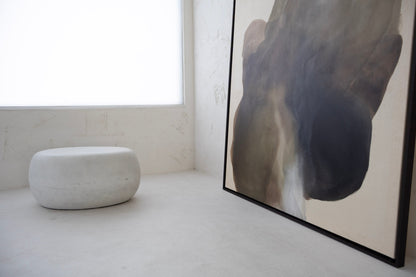 Close-up of Light on Stone abstract painting – texture on raw canvas with earthy browns and soft light