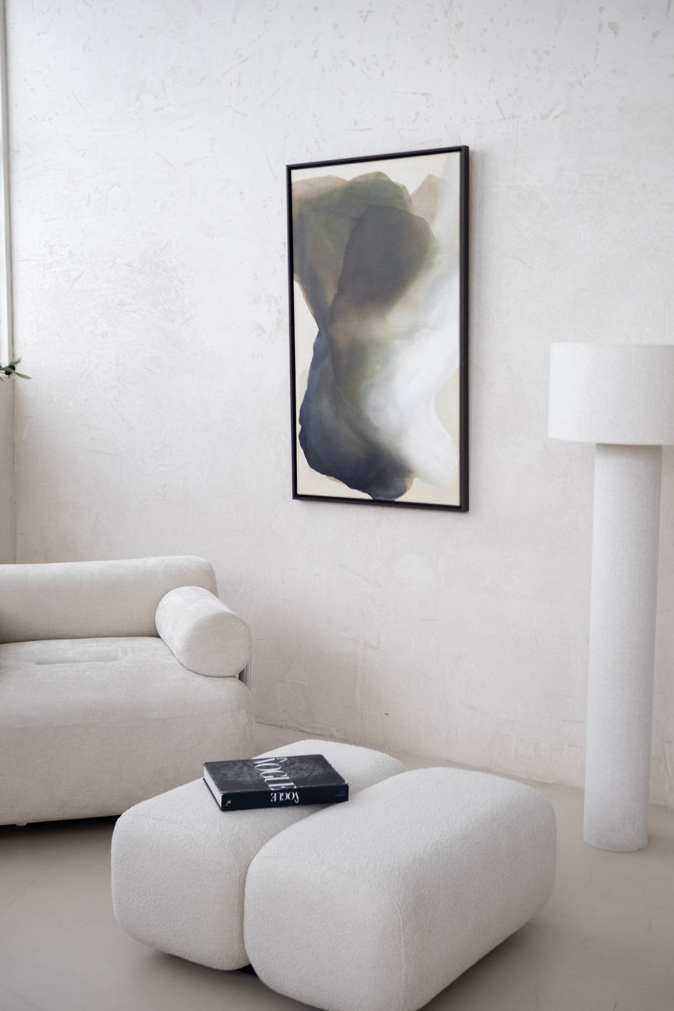 Abstract painting “Opening Sky” with green and white layers, 70 × 120 cm canvas, framed in dark wood, original by Studio Liv Olsen.
