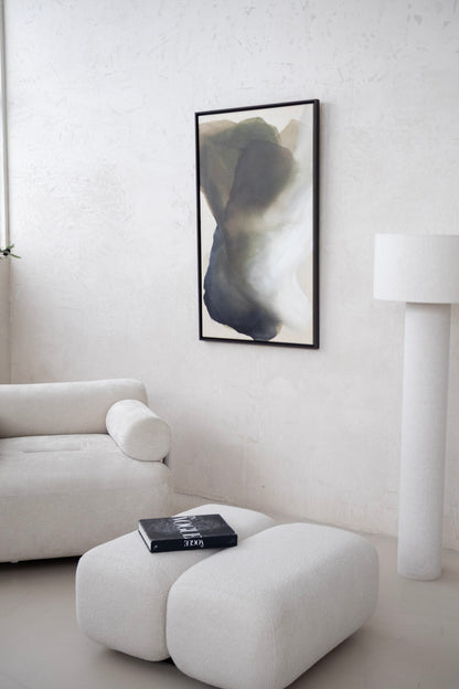 Abstract painting “Opening Sky” with green and white layers, 70 × 120 cm canvas, framed in dark wood, original by Studio Liv Olsen.
