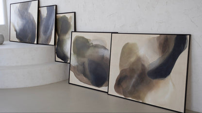 Collection view of Studio Liv Olsen artworks from the series Before the Light Touches, featuring large abstract canvases in green and earthy tones.