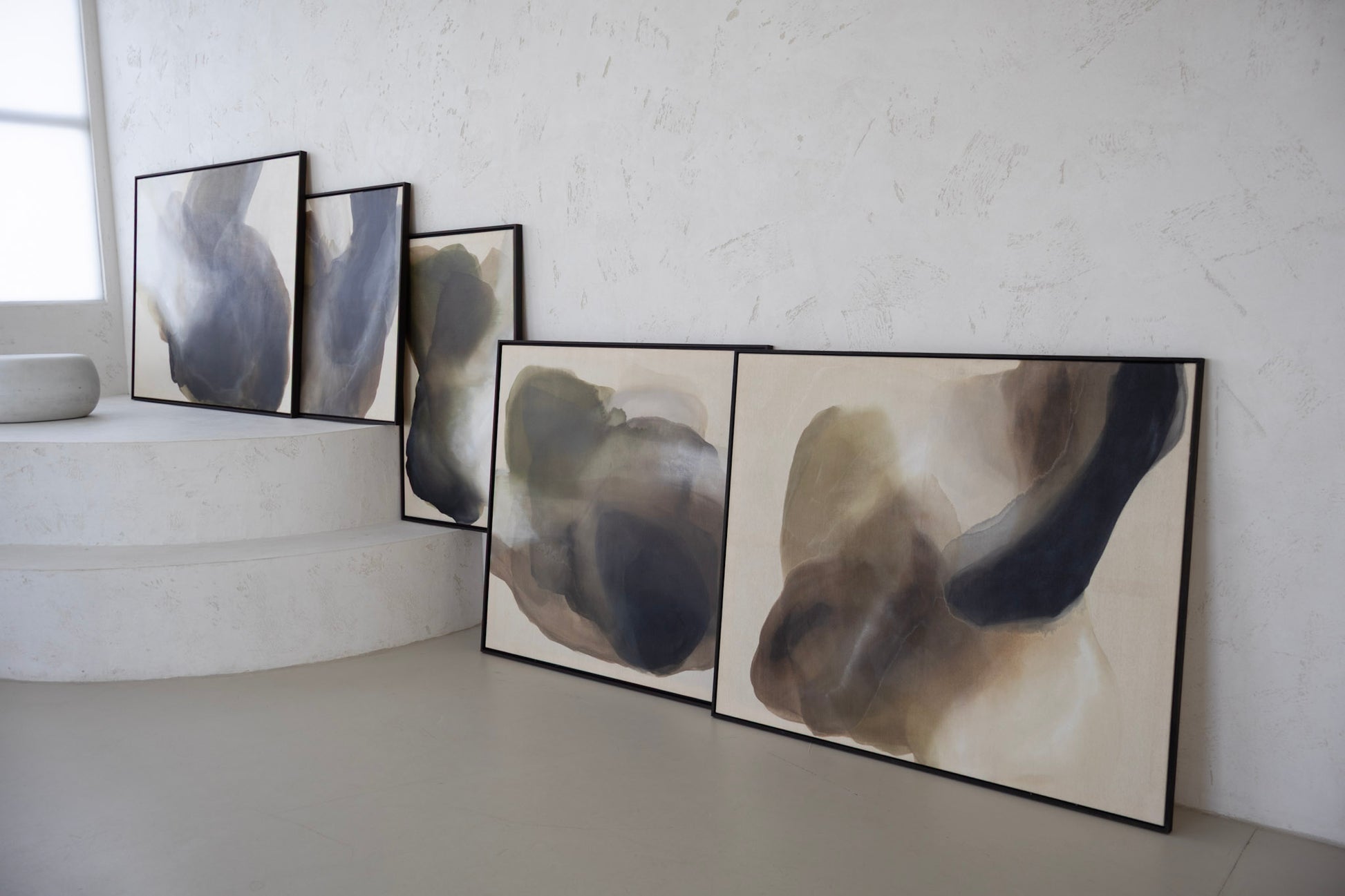 Series view of abstract paintings from “Before the Light Touches” by Liv Olsen, including Light Between, Edge of Day, and Opening Sky, displayed together.