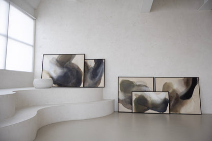 Abstract paintings from the series “Before the Light Touches” by Liv Olsen, including Edge of Day and Opening Sky, displayed side by side in earthy tones.