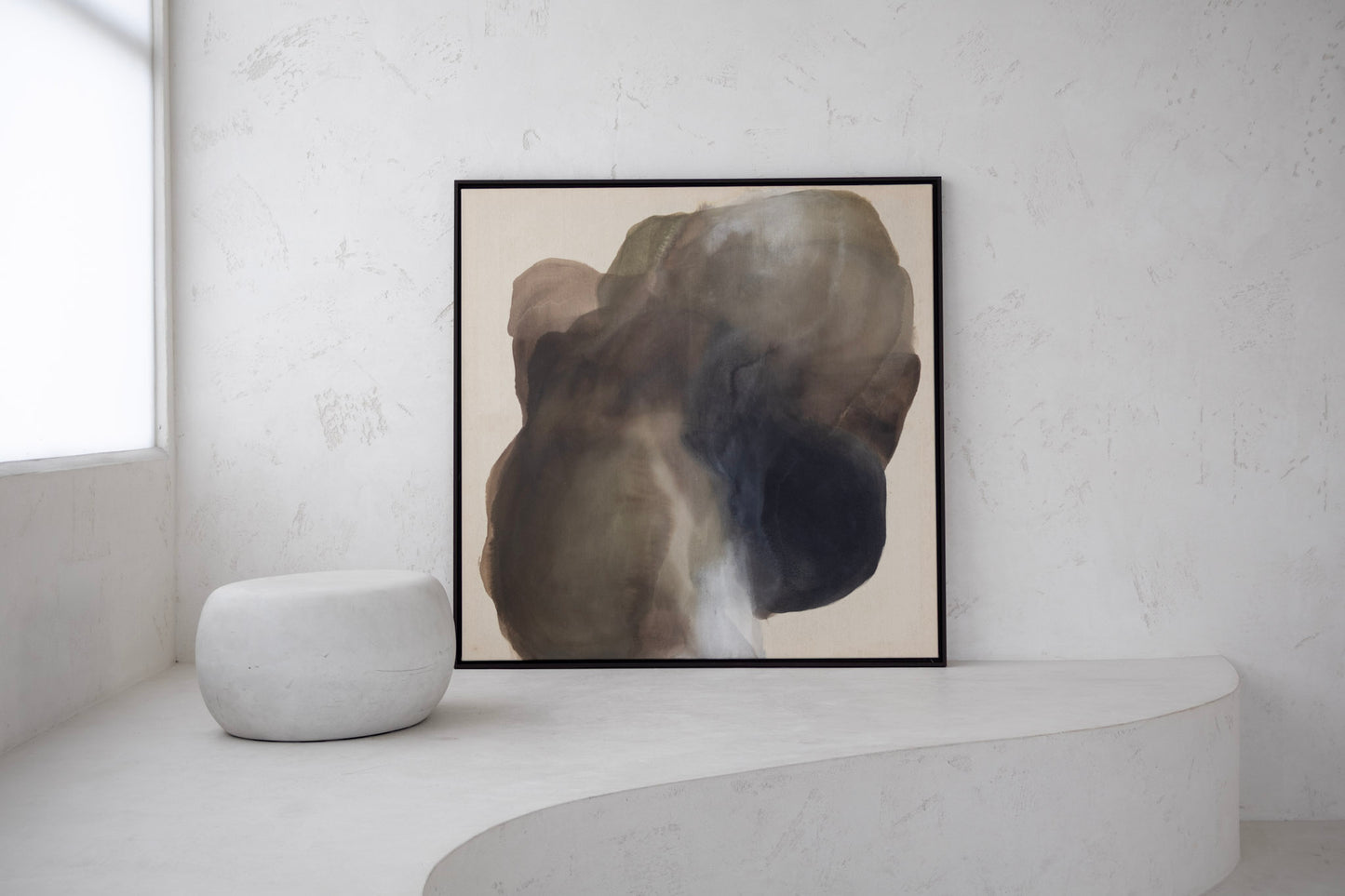 Light on Stone – original abstract painting by Studio Liv Olsen, earth tones on raw canvas, framed