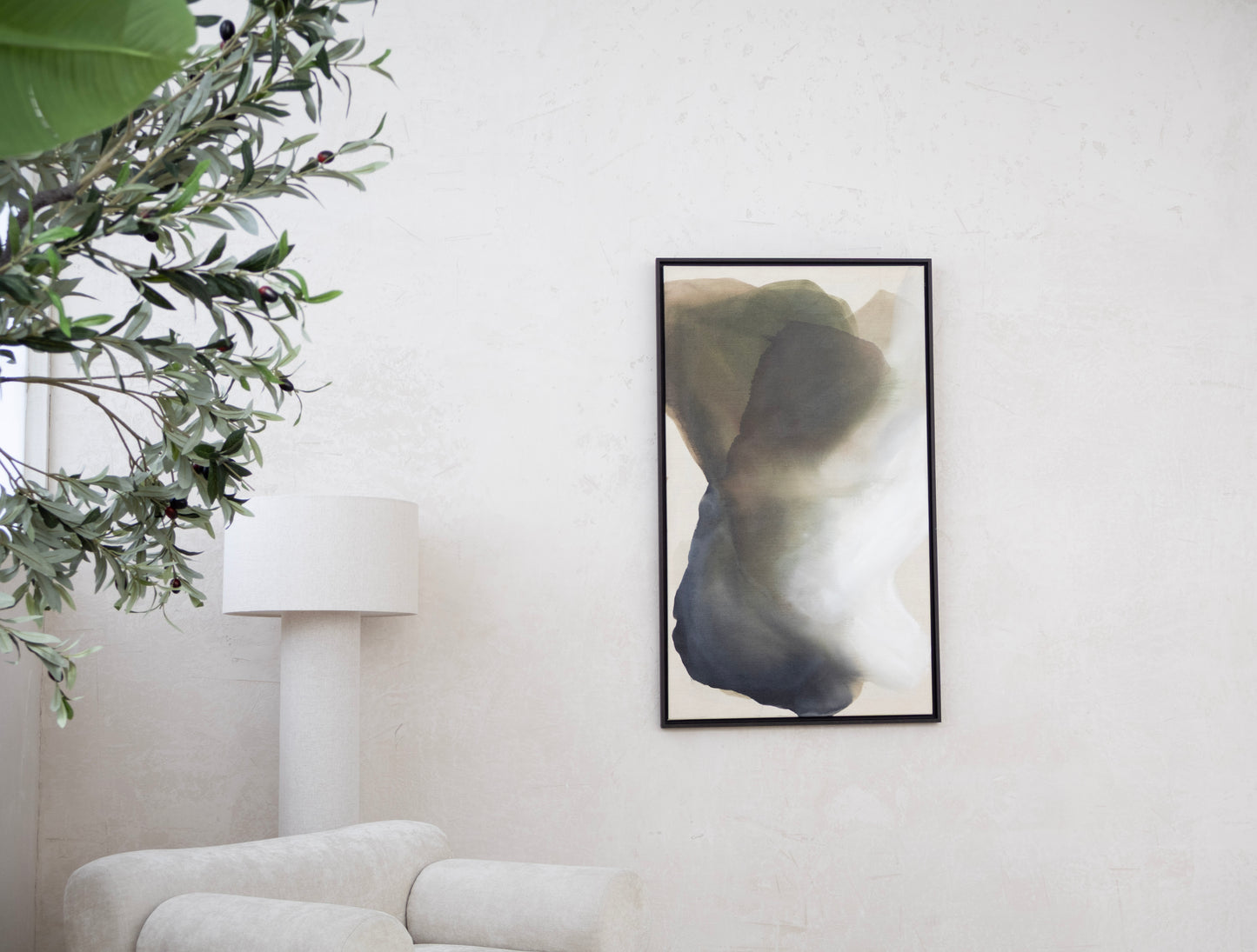 Abstract painting “Opening Sky” with green and white layers, 70 × 120 cm canvas, framed in dark wood, original by Studio Liv Olsen.
