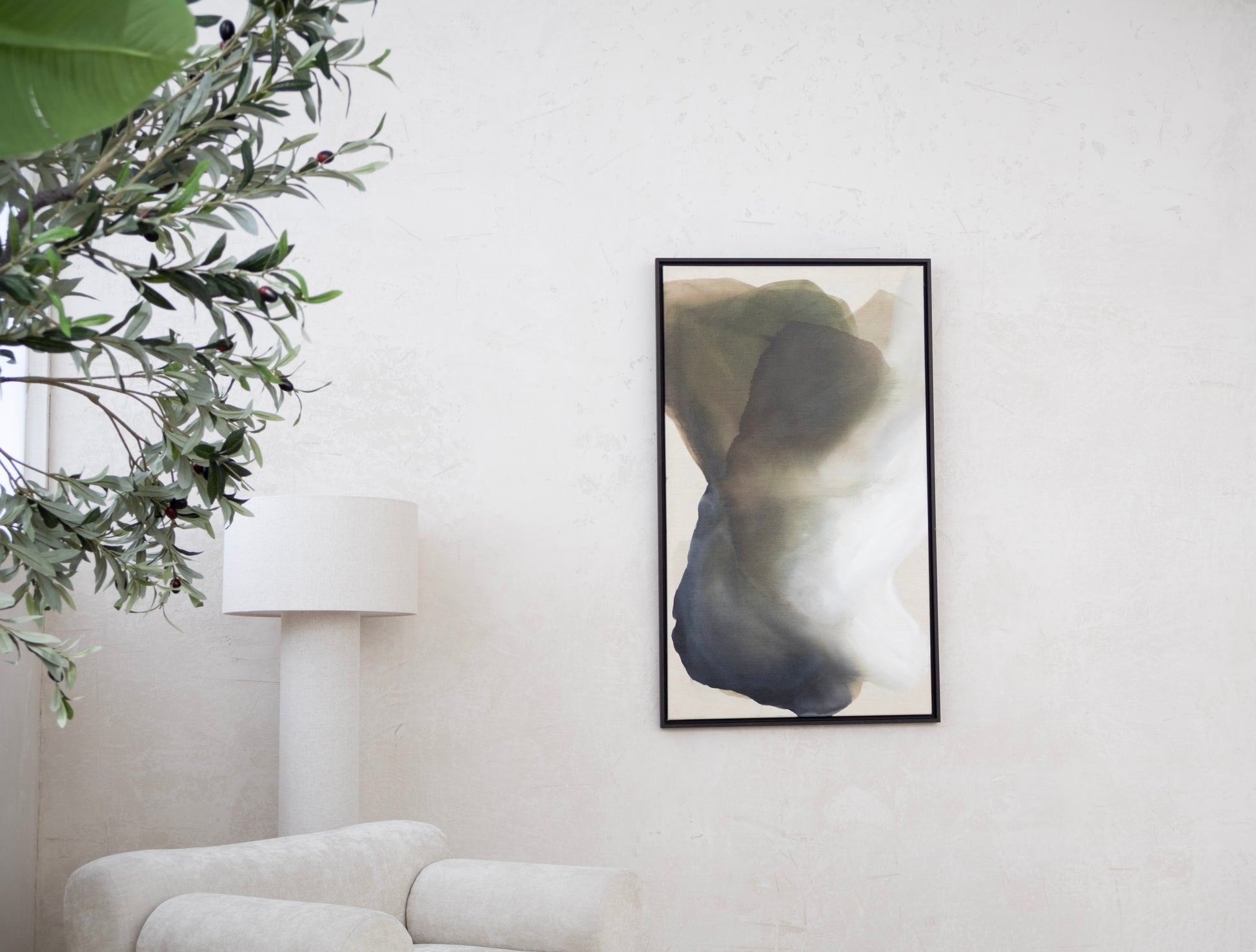 Abstract painting “Opening Sky” with green and white layers, 70 × 120 cm canvas, framed in dark wood, original by Studio Liv Olsen.
