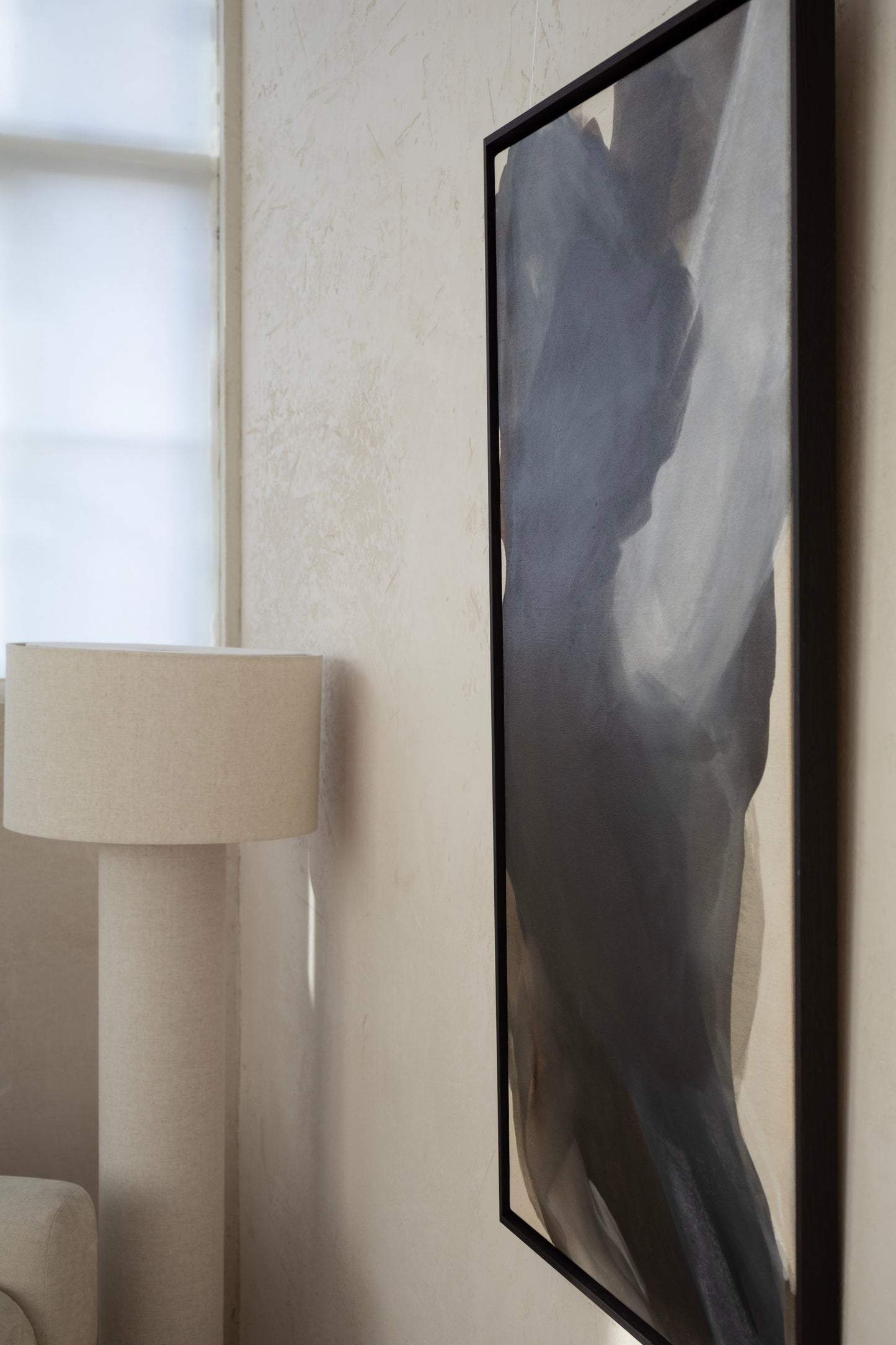 Edge of When Light Arrives painting showing dark wood frame and canvas texture
Brushstroke detail – When Light Arrives original abstract painting
