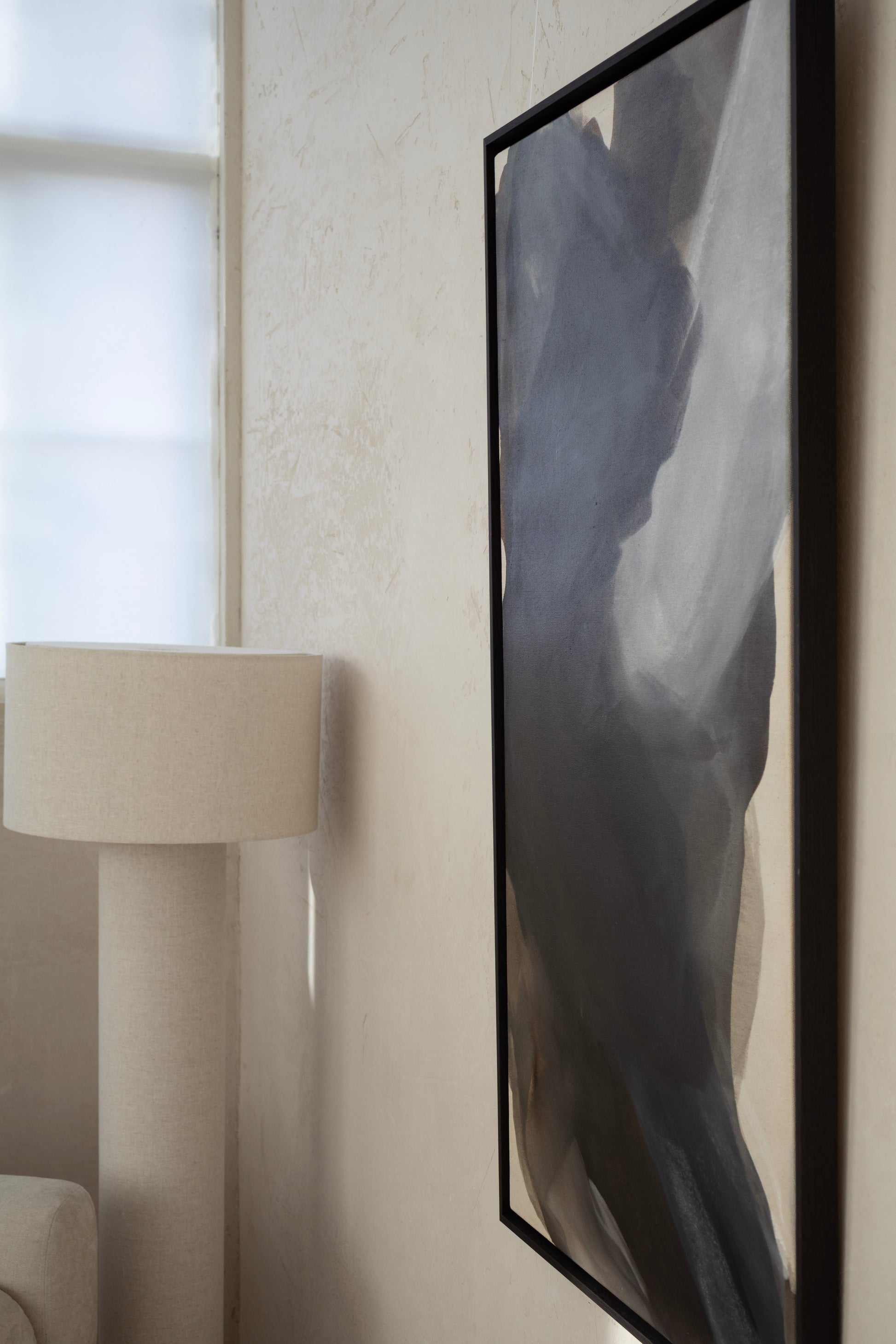 Edge of When Light Arrives painting showing dark wood frame and canvas texture
Brushstroke detail – When Light Arrives original abstract painting
