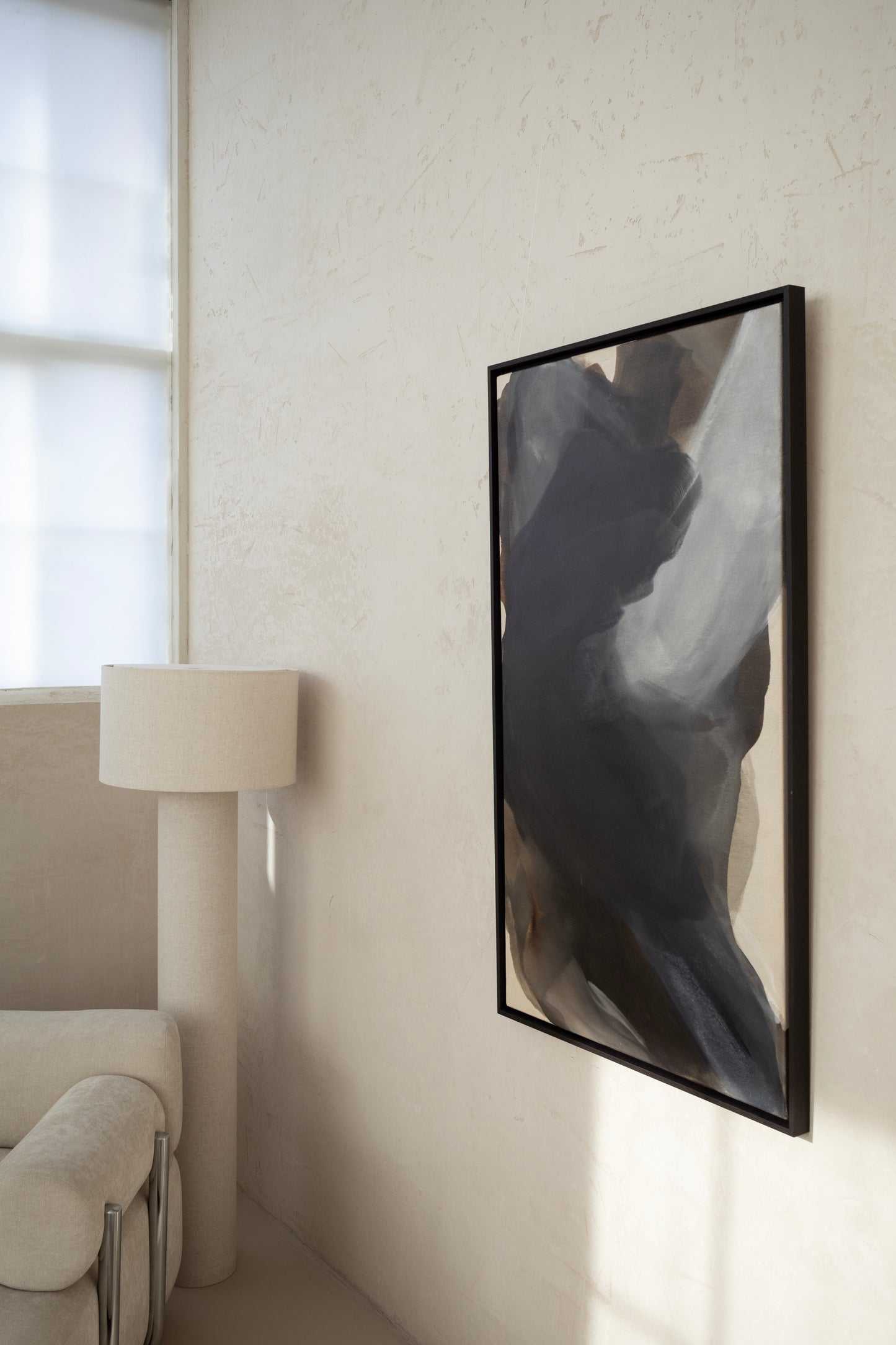 Close-up of When Light Arrives abstract painting – textured raw canvas, earthy browns with subtle light