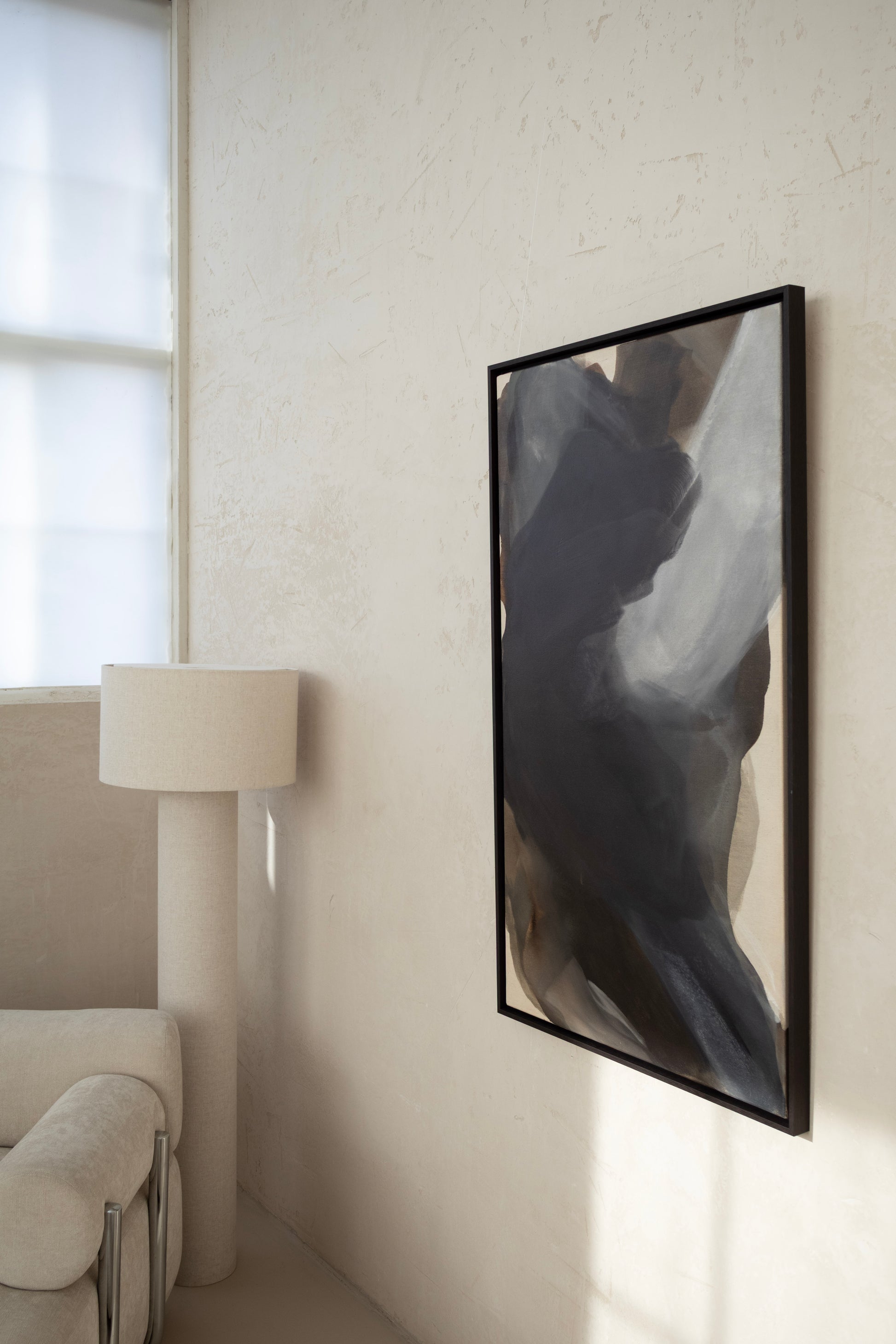 Close-up of When Light Arrives abstract painting – textured raw canvas, earthy browns with subtle light