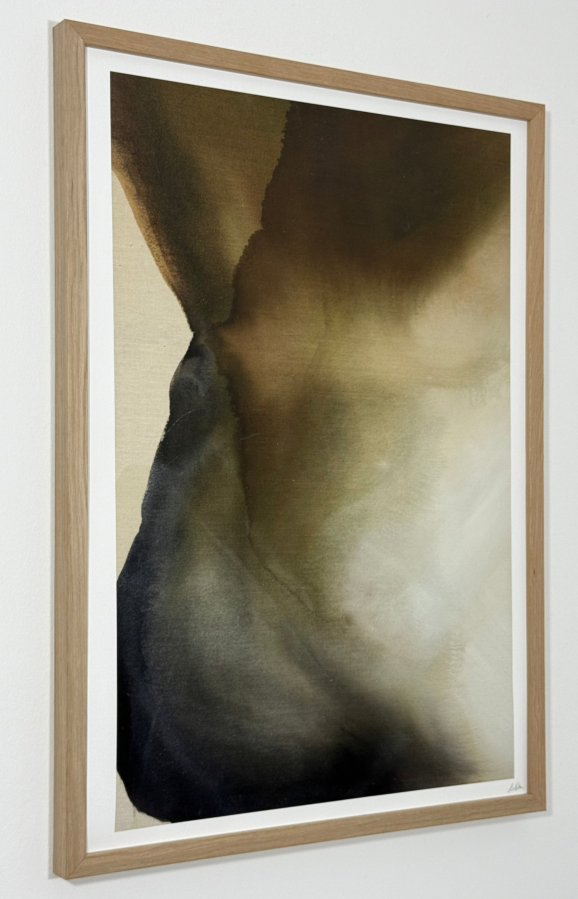 Abstract nature-inspired artwork by Studio Liv Olsen, oak frame, displayed on a living room wall.